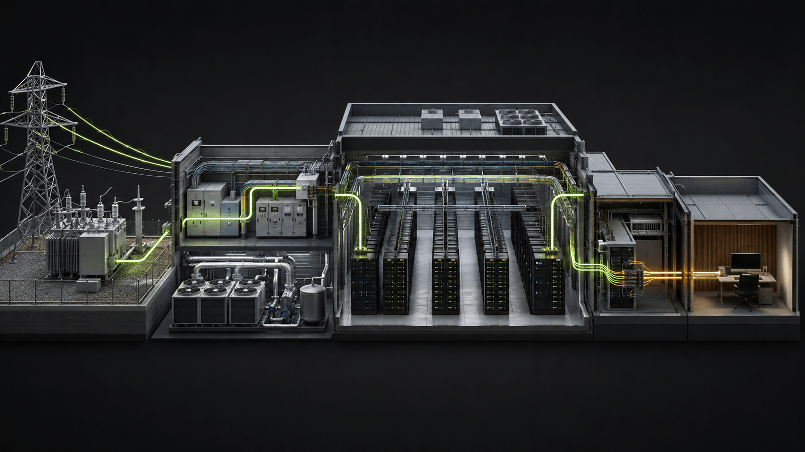 Illustrative cutaway showing electricity, cooling, servers, networking and customer delivery in an AI data centre
