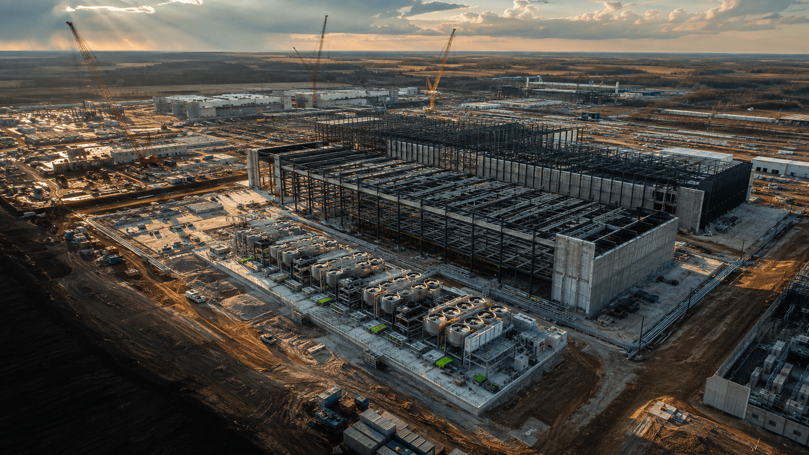 Illustrative aerial view of a large data-centre campus under construction