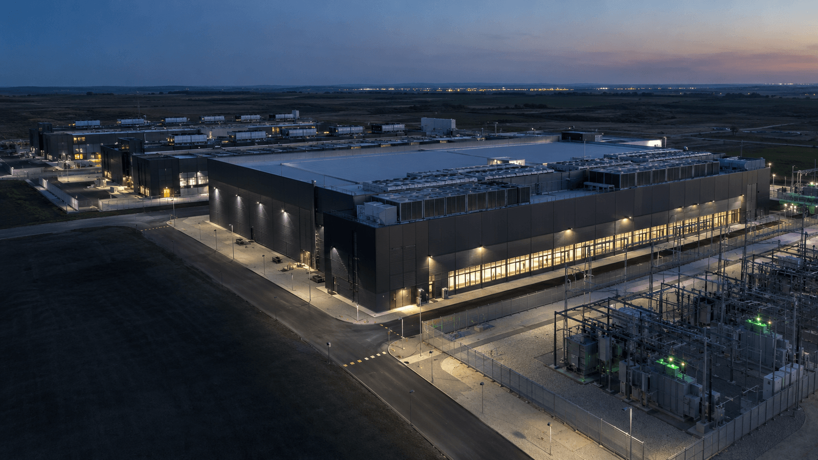 Illustrative completed data-centre campus with electrical infrastructure at blue hour