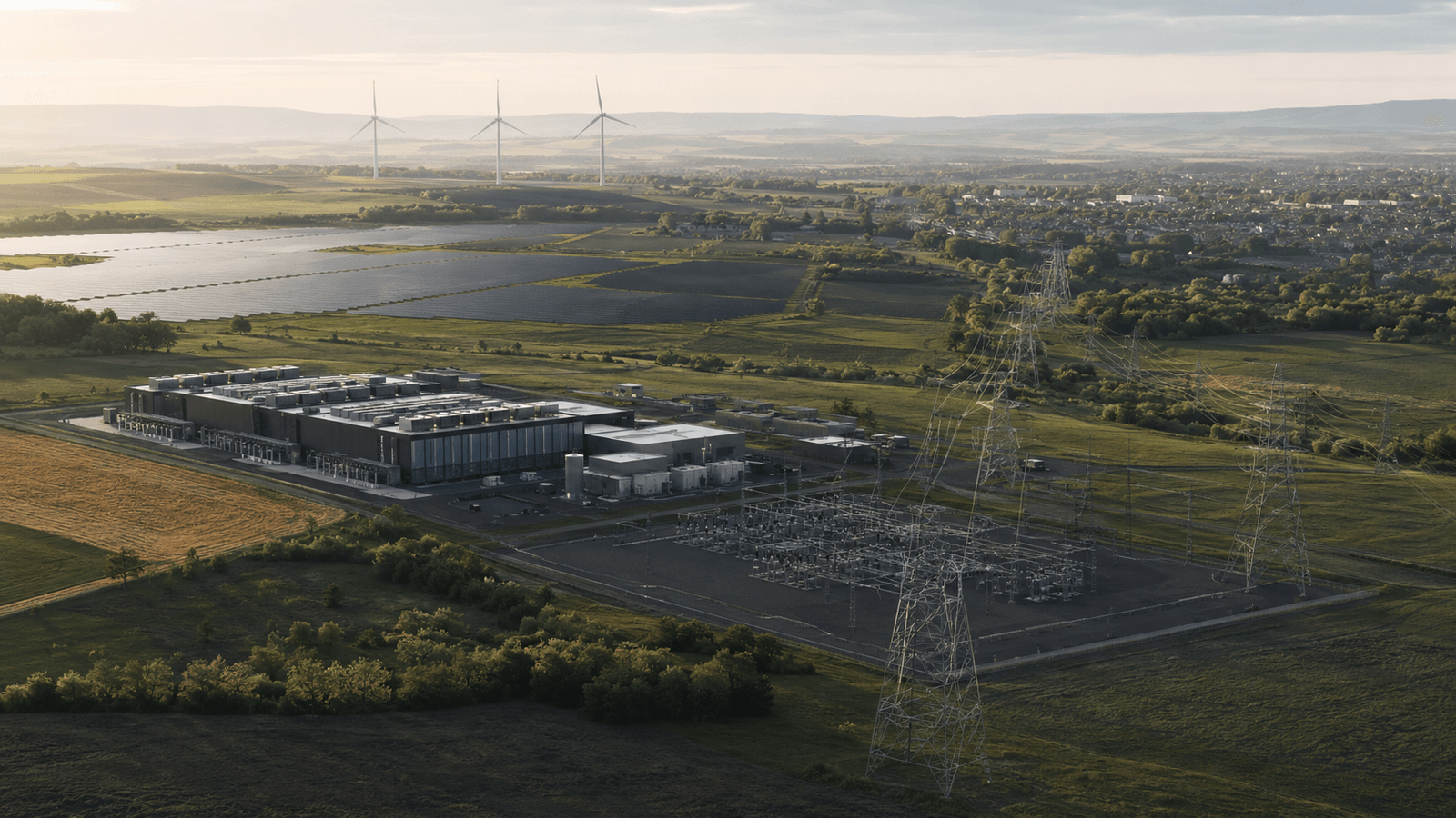 Illustrative data-centre campus, electrical grid, renewable generation and nearby community