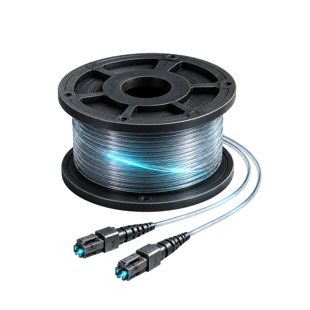 Spool of data-centre optical fibre with connectors